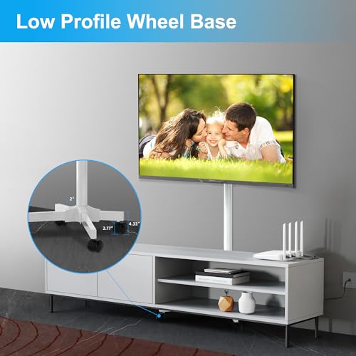 Image of Mobile TV Carts on Wheels for 21-60 Inch Flat /Curved Panel Screens TVs - Height Adjustable Floor Trolley Stand with Shelf Holds up to 77lbs - Max VESA 400x400mm, White