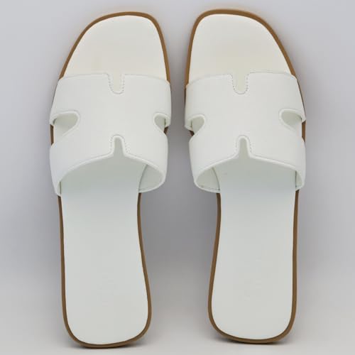 Image of Women's Flat Sandals, Ladies Leather Slippers, Comfy Dressy Slip on Shoes Elegant Slides Summer Fall Spring Cute Open Toe Casual Footwear
