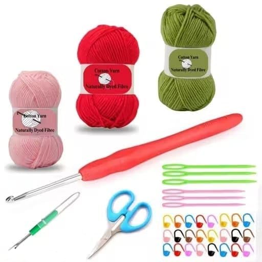 Image of Crochet Kit for Beginners, Complete Starter Set with 3 Cotton Yarn Balls, Ergonomic Crochet Hooks, Scissors, Yarn Needles & Stitch Markers - DIY Crochet Supplies for Kids, Adults & Beginners (3 yarn kit)