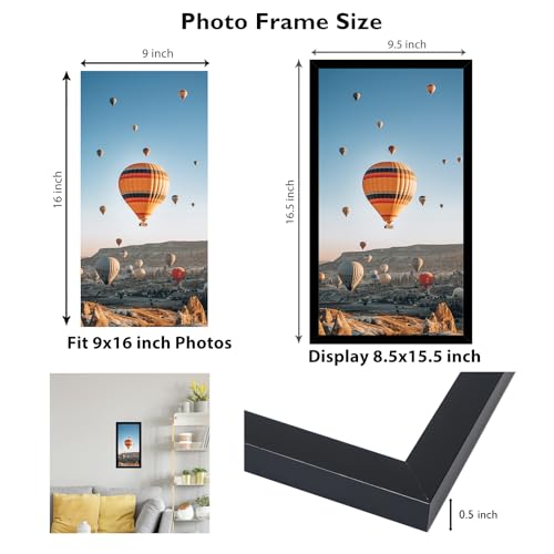 Image of JCJMY 9x16 Picture Frame Black for Wall Hanging, Wall Mounting Horizontally or Vertically, 9 x 16 Wall Gallery Poster Photo Frame with Shatter Resistant Plexiglass, Black