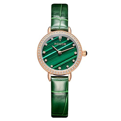ROCOSJEWE Women´s Watch Luxury Green Dial Waterproof Watches for Ladies Emerald Elegant Wristwatch Leather Belt Girlfriend Gift R0235