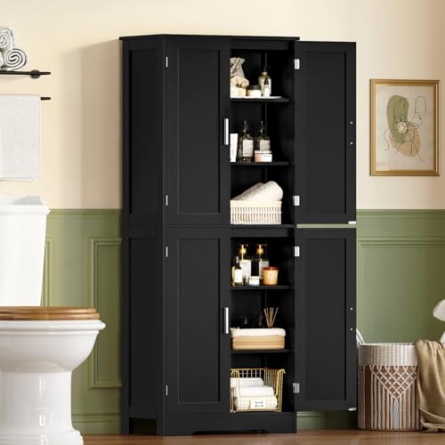 Image of TEENFON 67 inch Storage Cabinet, Kitchen Pantry Cabinet with 4 Doors and 2 Adjustable Shelves, Cupboard, Tall Bathroom Cabinets for Living Room, Kitchen, Bathroom, Black