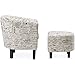 BELLEZE Modern Accent Club Chair with Ottoman Stylish Round Arms Curved Back Deep Barrel Design & Soft Cushion Linen Fabric Upholstery in Print Script - Lydia (White French Pattern)