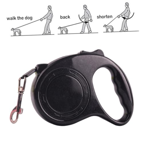 YARNOW 5m伸縮式牽引ロープ 自動巻き取り式 ペットトレーニングリード 犬用 ブラック 大型ハンドル ロック機能付き 片手操作可能