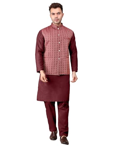 Image of Men's Cotton Silk Blend Regular Kurta Pyjama, Embroidered Nehru Jacket /Waistcoat Set