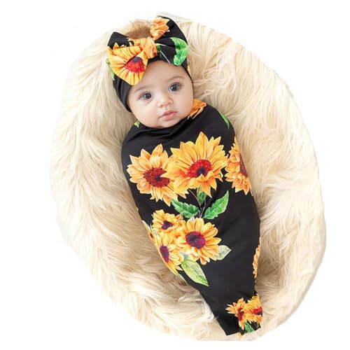 Image of Galabloomer Newborn Sunflower Receiving Blanket Headband Set Baby Flower Rose Swaddle With Big Bow