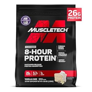 MuscleTech Platinum 8-Hour Protein Powder – 7 Premium Protein Sources with Whey & Casein Protein for Increased Lean Muscle, Strength & Improved Recovery – Vanilla Cake, 50 Servings