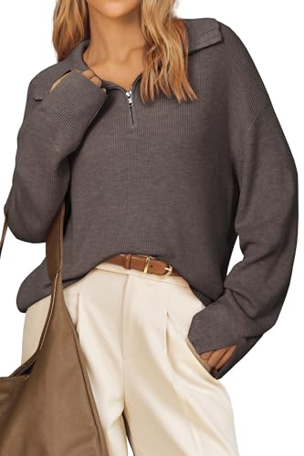 Image of Arach&Cloz Women Sweater 2025 Wool Blend Fall Fashion Clothes Oversized Pullover Winter Clothing Quarter Half Zip Lapel V Neck Long Sleeve Dressy Tops Business Casual Trendy Outfits Coffee L