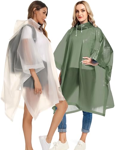 Borogo 2 Pack Rain Ponchos for Adults Reusable - Raincoats Survival Emergency Heavy Duty Rain Coat with Drawstring Hood White&Green