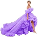 Flowy Tulle Strapless Prom Dresses for Women High Low Plus Size Ball Gown with Train Off Shoulder Poofy Ruffles Photoshoot Dresses Lilac