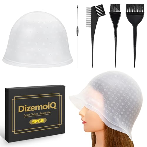DizemoiQ 5er Set Strähnchenhaube mit Nadel und Pinsel für Highlights Haare färben Wiederverwendbar Silikonhaube Friseur Zubehör für Damen Herren