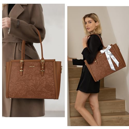 Image of MOSISO Laptop Bag for Women, PU Leather Tote Bag, Front Embossed Retro Hibiscus Computer Bags with Silk Scarf&Clutch Purse