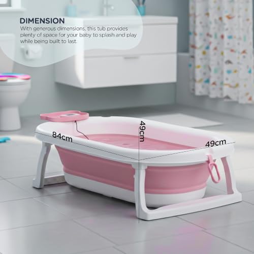 Image of Baybee Tubby Bath Tub for Baby 0-5 Years, Foldable Baby Bathtub for Kids with Anti Skid Base & Drainer, Space Saving Design, Newborn Baby Bathing Tub for Girls & Boys with Temperature Meter (Pink)