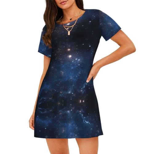 Camisón de manga corta para mujer, suave, holgado, con estampado de galaxia, cielo estrellado, Negro, XXL