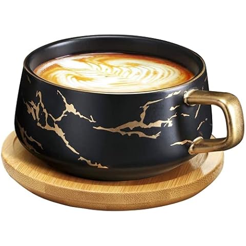 VETIN Coffee Tea Set, Porcelain Coffee Cup and Saucer, Marble Pattern, Nordic Style, Tea Cup Set, British Coffee Cups, Ceramic Coffee Cups, Latte Cups - 300 ml (Black) Cover