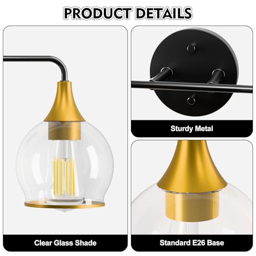 Image of 4-Light Bathroom Light Fixtures, Black Gold Modern Vanity Lights with Clear Glass Shade, Bathroom Wall Lamp for Mirror Living Room Hallway Cabinet Porch, ETL Listed