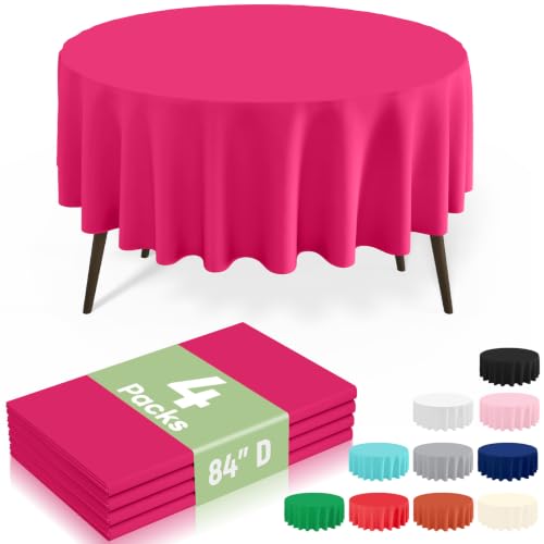 Image of misaya 4 Packs Disposable Plastic Table Cloth, 84 inch Round Waterproof Tablecloth, Leakproof & Sturdy Decorative Table Covers for Picnic, Party, Outdoor and Back to School, Hot Pink