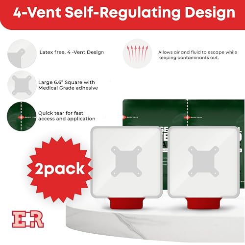 Image of Ever Ready First Aid Vented Chest Seal with Quick Tear - 6.6 inch Square Occlusive Adhesive Dressing for Open Chest Wounds - 2-Pack (4-Counts)