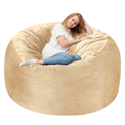 Homguava 4 FT Bean Bag Chair: 4' Bean Bags with Memory Foam Filled, Large Beanbag Chairs Soft Sofa with Dutch Velvet Cover-Khaki