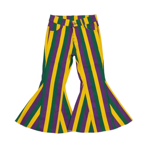 Todder Mardi Gras Western Yellow Green Purple Stripe Jeans Girl Jeans Ruffle Bell Bottom - Main Image