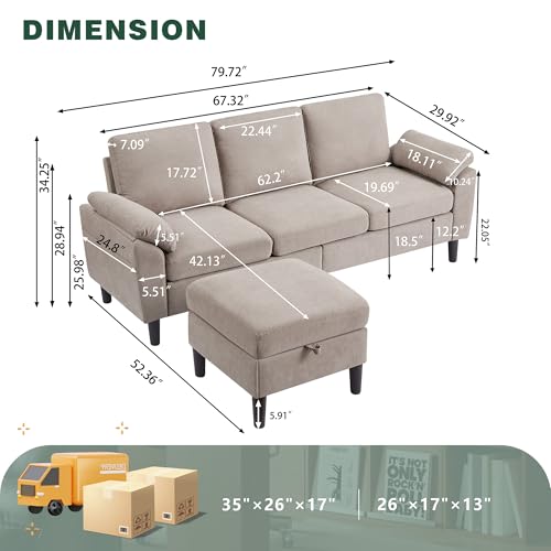 80" Convertible Sectional Sofa, Small L Shaped 3 Seat Couch with Reversible Storage Chaise, Modern Polyester Fabric Sofa Couches for Living Room, Apartment and Small Space, Beige - Image 3
