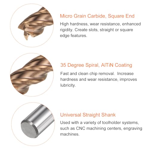 Image of HARFINGTON Micro Grain Carbide Square End Mill 5 /16 inch x 25 /32 inch (8mm x 20mm) Cut 5 /16 inch (8mm) Shank 2-3 /8 inch (60mm) Length AlTiN Coated 4 Flutes Square Nose Cutter for Alloy Steel Hardened Steel