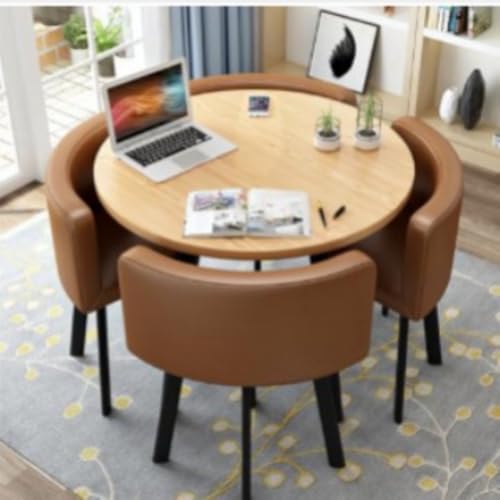 Image of Round Faux Marble Reception Table and Chairs Set, Dining Table Set for 4, Space Saving Reception Desk for Home and Apartment, Office, Conference Room, Lounge