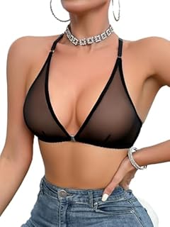 SOLY HUX Women's Sheer Mesh Through Bra Sheer Bralette Front Closure Deep V Neck Wireless Lingerie Sexy Lingerie Bra Pure Black Small