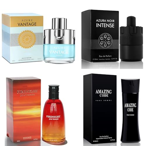 Mens Cologne Set, Eau de Parfum, 4 Pack (3.4 oz / 100 mL Each), Firenight, Azura Noir Intense, Amazing Code, Azure Vantage Aqua, Barbershop Heritage, for workdays to weekends