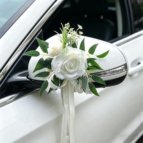 TENGWA Deco Voiture Mariage 2 Pièces 25 cm Blanc Noeud Cadeau Nœud à Ventouse À Utiliser pour Les Rétroviseurs Poignées de Porte Les Dossiers de Chaises...