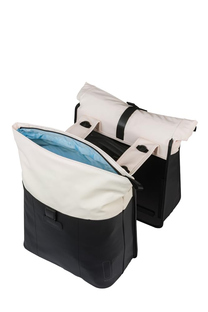 Basil Vive Podwójna torba rowerowa na bagażnik – 28-35 l – z płytą adaptera MIK – wodoszczelna, odblaskowa, wykonana z materiału z recyklingu, 30 x 14 x 38 cm, biała/czarna