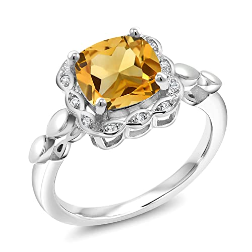 Gem Stone King 925 Sterling Silver Yellow Citrine And White Created Sapphire Engagement Ring For Women (2.10 Cttw, Cushion Cut 8Mm, Gemstone Birthstone, Available In Size 5, 6, 7, 8, 9) #TOP10