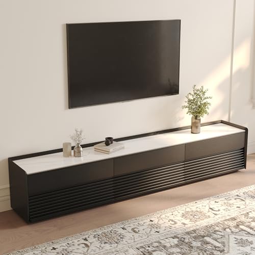 Image of POVISON Fully-Assembled Mid Century Glossy Sintered Stone TV Stand, 94.49 inch Wood Media Console with Adjustable LED Light, Entertainment Center with Storage for Living Room