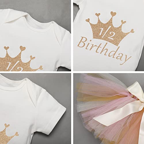 My 1/2 1St Birthday Outfit Baby Girls Shiny Crown Romper + Ruffle Tulle Skirt + Sequins Crown Flower Headband Glitter Party Dress Up 3Pcs Photo Cake Smash Clothes Set Gold 1/2 Birthday 9-12 Months #TOP5