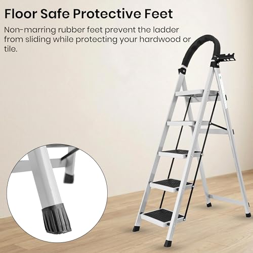 Image of Norman Jr White 5 Step Ladder for Home Use with Built-in Tool Tray | Heavy Duty D Shape Rods | Ultra Large Platform | Wide Rubber Feet | 150Kg Capacity Foldable Ladder - 7 Years Warranty