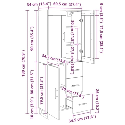 Aparador alto de madera recuperada de 180 cm con 3 puertas y cajón para salón 3