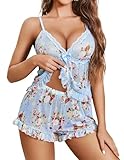 Avidlove Womens Pajamas Set 2 Piece Ruffle Pj Sheer Cami Top and Shorts Sleepwear Set Blue Sexy Lingerie
