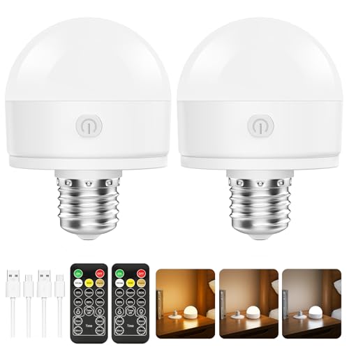 Suright 2 Pack Rechargeable Light Bulb with Remote Control, 3 Color Temperatures, Dimmable E27 Detachable LED Light Bulb with Timer, Battery Powered Light Bulb for Non-Hardwired Lamps, Home Decoration