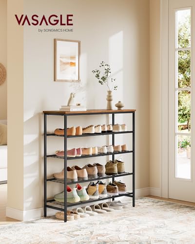 Image of VASAGLE Shoe Rack, Shoe Storage Rack for Closet, Entryway, Living Room, Free Standing Metal Organizer Shelf, 5 Tiers, 11.8 x 29.5 x 34.3 Inches, for 18-24 Pairs, Rustic Brown and Ink Black ULBS050KD01