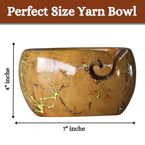 Image of Lichtenberg Figure Yarn Bowl - Handmade Wooden Yarn Bowl for Knitting Yarn Ball Holder - Yarn Bowls with Holes Crochet Bowl Holder - Yarn Storage Bowl 7 inch x 4 inch inches (Yellow Resin Yarn Bowl)