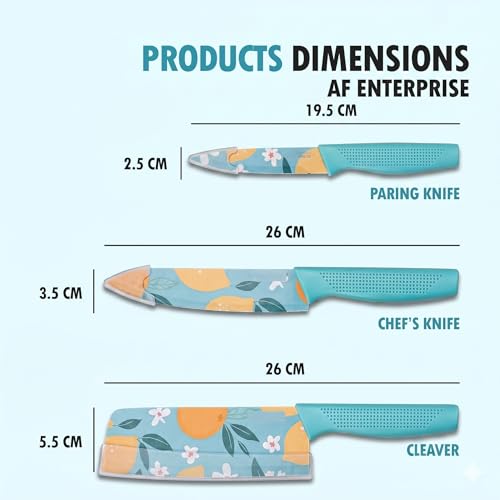 Image of Professional 3-Piece Kitchen Knife Set - High Carbon Stainless Steel Chef, Utility & Santoku Knives with Ergonomic Blue Handles (Blue, 3 Pc Knife Set)