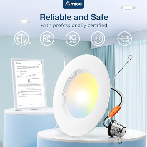 Amico 5/6 inch 5CCT LED Recessed Lighting 6 Pack, Dimmable, IC Rated, 12.5W=100W, 950LM Can Lights with Baffle Trim, 2700K/3000K/4000K/5000K/6000K Selectable, Retrofit Installation, ETL & FCC by Amico - Used condition - Image 6