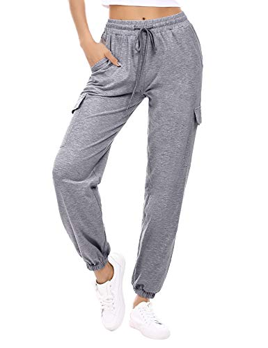 Doaraha Jogginghose Damen Lang Freizeithose Baumwolle High Waist Trainingshose Grau, Sweathose mit 4 Taschen Bündchen und Elastischen Kordelzug Slim Fit Sweatpants Cover