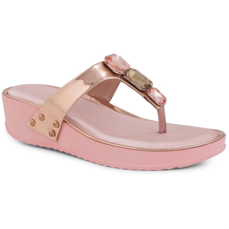 Image of XE Looks Women's Fashion Wedges | Stylish & Trendy Metallic Sandals with Stone Details | Comfortable Cushioned Footbed & Lightweight Design Wedges For Girls & Women UK-7