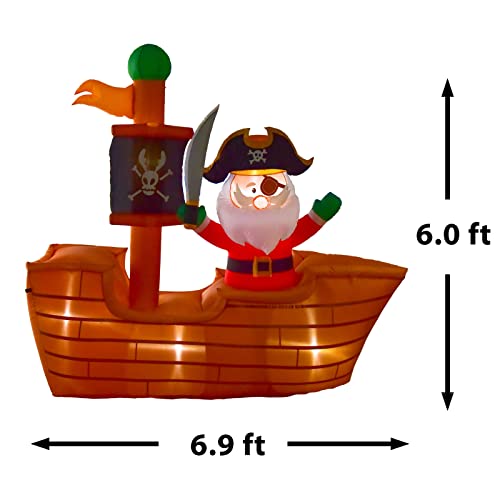 7 Ft Inflatable Pirate Santa on Wooden Ship Flag with LED Lights, Outdoor Christmas Yard Decoration