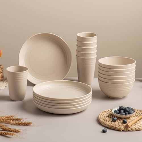 18PCS Wheat Straw Dinnerware Sets, Kitchen Dinnerware Set Unbreakable Cups Plates and Bowls Set Lightweight Dish Set Microwave and Dishwasher Safe by Lezuoey - Image 7