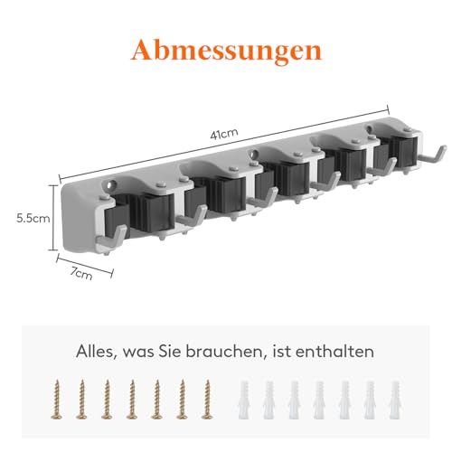 Lifewit Besenhalter Wandhalterung, Anti-Rutsch-Besenhalterung für die Küche, Organizer für Reinigungsmittel, einfache Installation, Werkzeug-Organizer für Schrank, Garage, 5 Schlitze, 6 Haken, Grau