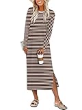 ANRABESS Long Sleeve Midi Dresses for Women Fall Fashion Casual Vacation Crewneck Loose Split Striped Long Tshirts Dress Brown White Stripe S