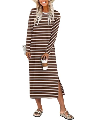 ANRABESS Long Sleeve Midi Dresses for Women Fall Fashion Casual Vacation Crewneck Loose Split Striped Long Tshirts Dress Brown White Stripe S