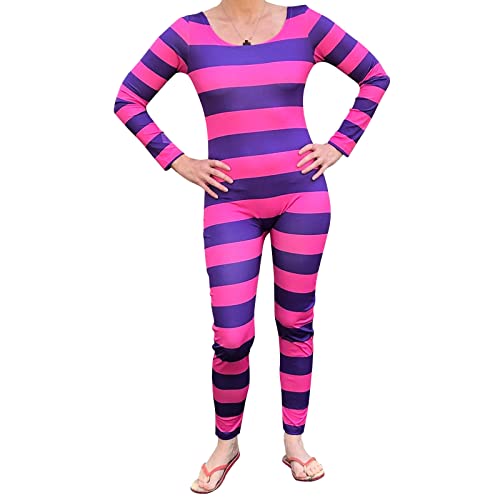 Felcia Grinsekatze Kostüm für Damen Streifen Langarm Overall Karneval Cosplay Outfit Sexy Cheshire Cat Bodysuit Kostüm (A-Pink Purple, M)